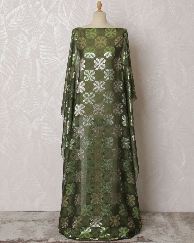 Olive green Premium pure French (Fransawi) silk chiffon dirac fabric with same tone viscose and gold metallic lurex in floral design-D16953
