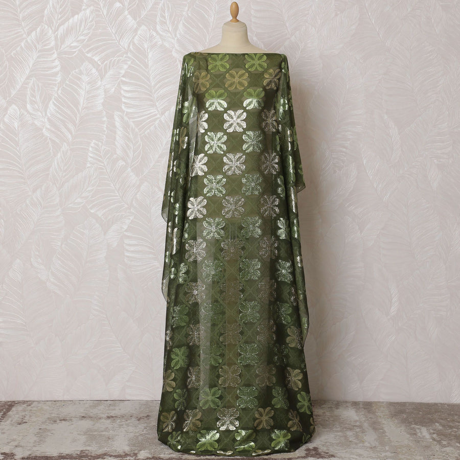 Olive green Premium pure French (Fransawi) silk chiffon dirac fabric with same tone viscose and gold metallic lurex in floral design-D16953