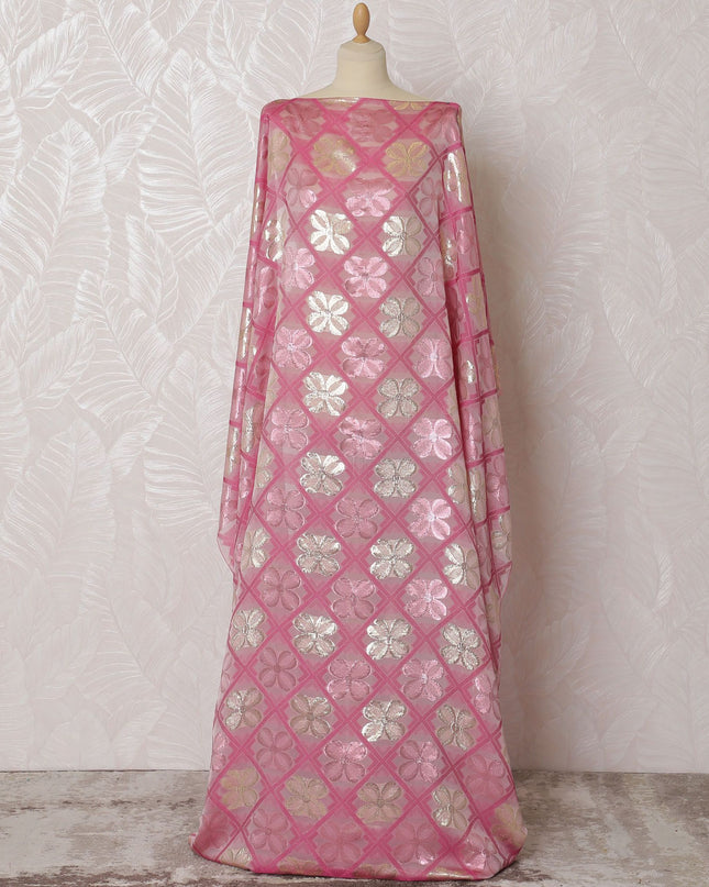 Baby pink Premium pure French (Fransawi) silk chiffon dirac fabric with same tone viscose and gold metallic lurex in floral design-D16954