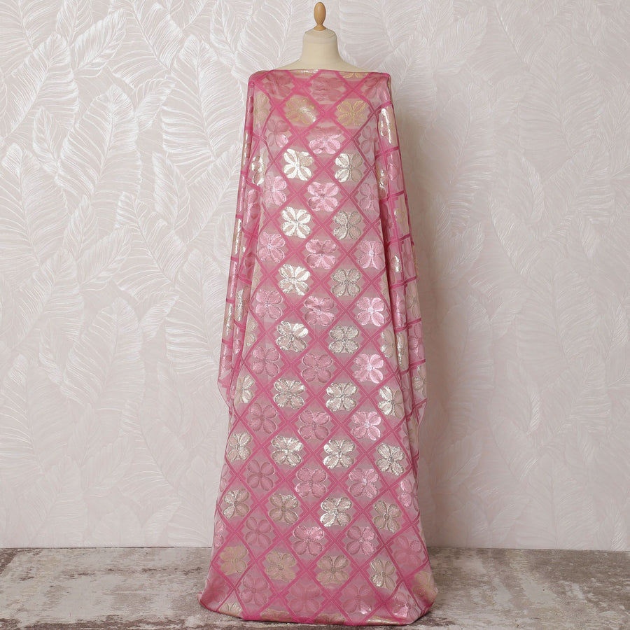 Baby pink Premium pure French (Fransawi) silk chiffon dirac fabric with same tone viscose and gold metallic lurex in floral design-D16954
