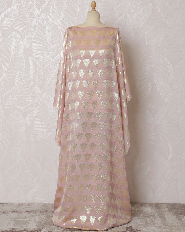 Peachy pink Premium pure French (Fransawi) silk chiffon dirac fabric with multicolor viscose and  gold metallic lurex in abstract design-D16956