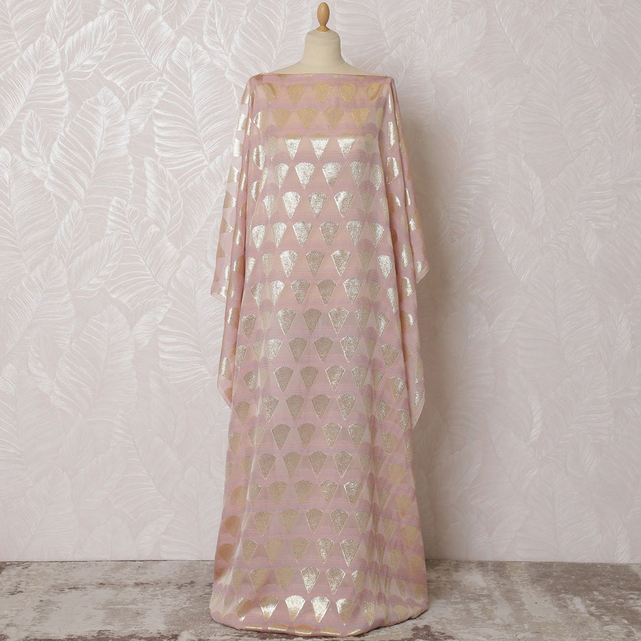 Peachy pink Premium pure French (Fransawi) silk chiffon dirac fabric with multicolor viscose and  gold metallic lurex in abstract design-D16956