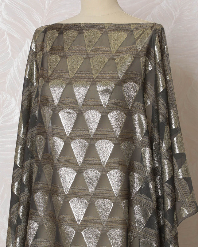 Black Premium pure French (Fransawi) silk chiffon dirac fabric with multicolor viscose and  gold metallic lurex in abstract design-D16957