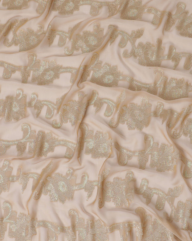 Light brown Premium pure French (Fransawi) silk chiffon fabric with same tone viscose and multicolor metallic lurex in floral design-D16958