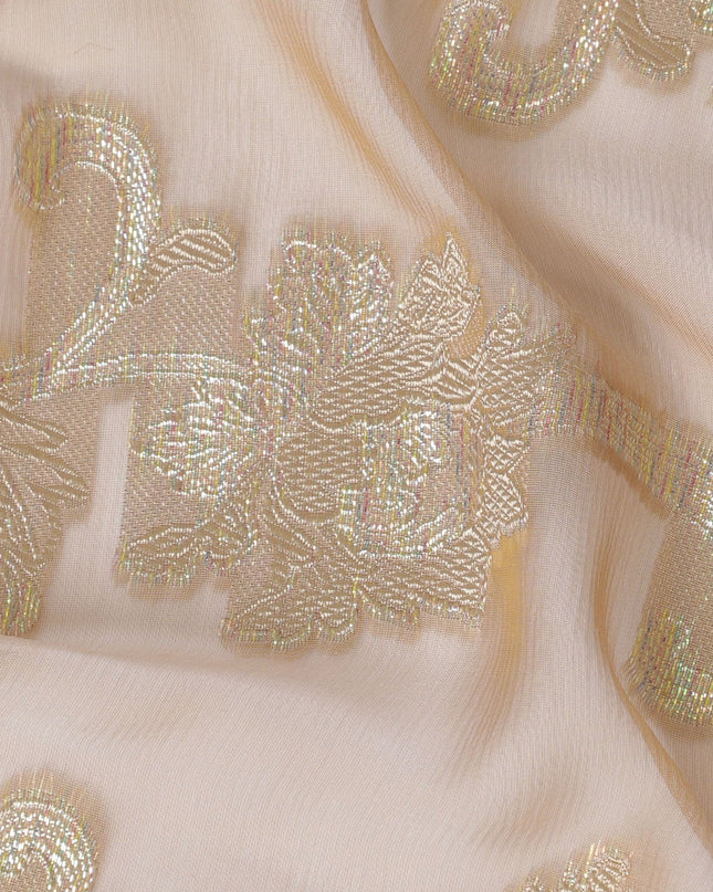 Light brown Premium pure French (Fransawi) silk chiffon fabric with same tone viscose and multicolor metallic lurex in floral design-D16958