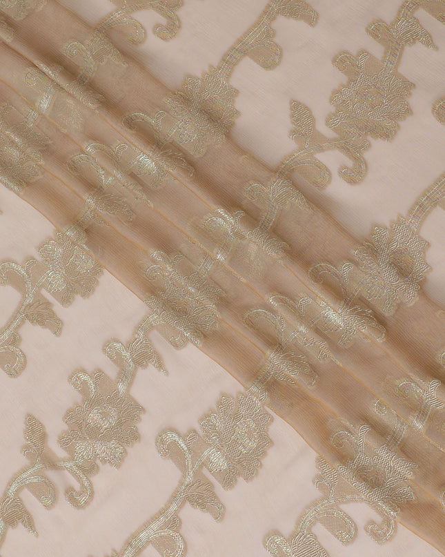 Light brown Premium pure French (Fransawi) silk chiffon fabric with same tone viscose and multicolor metallic lurex in floral design-D16958
