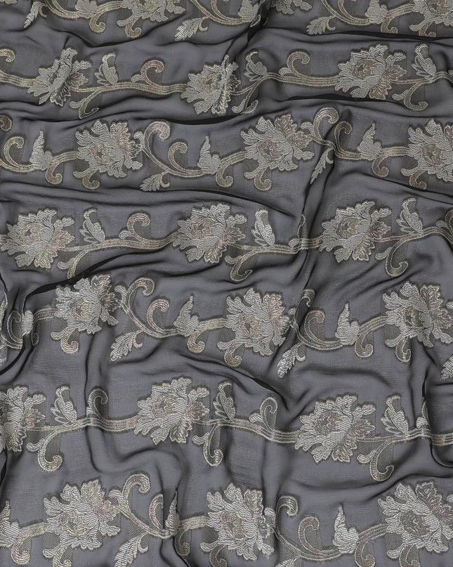 Black Premium pure French (Fransawi) silk chiffon fabric with beige viscose and multicolor metallic lurex in floral design-D16959