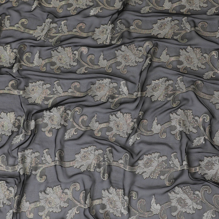 Black Premium pure French (Fransawi) silk chiffon fabric with beige viscose and multicolor metallic lurex in floral design-D16959