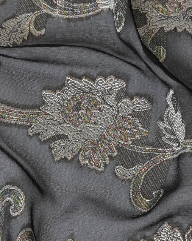 Black Premium pure French (Fransawi) silk chiffon fabric with beige viscose and multicolor metallic lurex in floral design-D16959