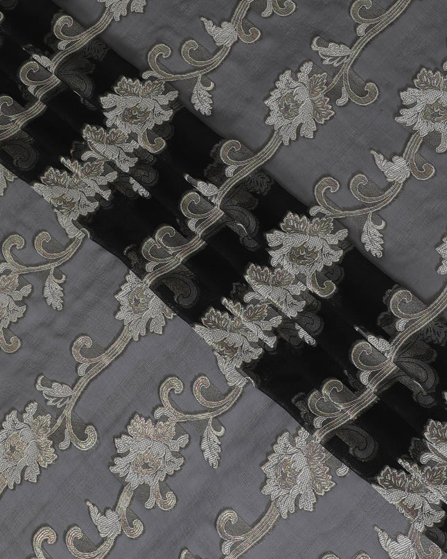 Black Premium pure French (Fransawi) silk chiffon fabric with beige viscose and multicolor metallic lurex in floral design-D16959