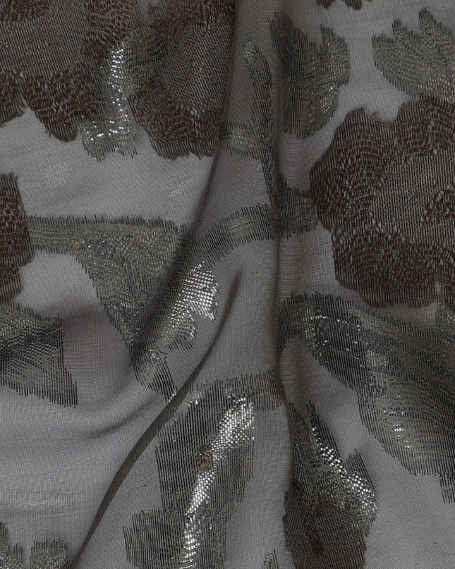 رمادي حجري داكن قماش شيفون حريري فرنسي (فرنساوي) فاخر مع فيسكوز بني ولوريكس معدني أسود بتصميم زهور-D16960