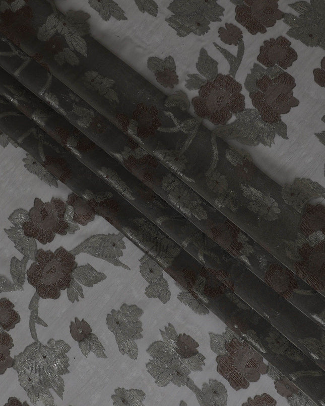 رمادي حجري داكن قماش شيفون حريري فرنسي (فرنساوي) فاخر مع فيسكوز بني ولوريكس معدني أسود بتصميم زهور-D16960
