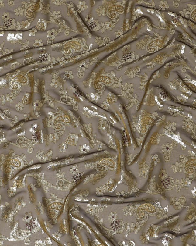 قماش من الشيفون الحريري الفرنسي (الفرنساوي) الفاخر باللون الأخضر الزيتوني مع الخردل والفيسكوز المارون مع اللوريكس المعدني الذهبي بتصميم الأزهار -D16962