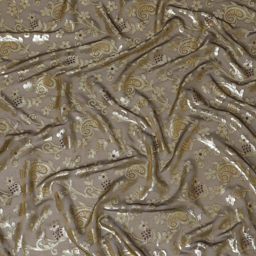 قماش من الشيفون الحريري الفرنسي (الفرنساوي) الفاخر باللون الأخضر الزيتوني مع الخردل والفيسكوز المارون مع اللوريكس المعدني الذهبي بتصميم الأزهار -D16962