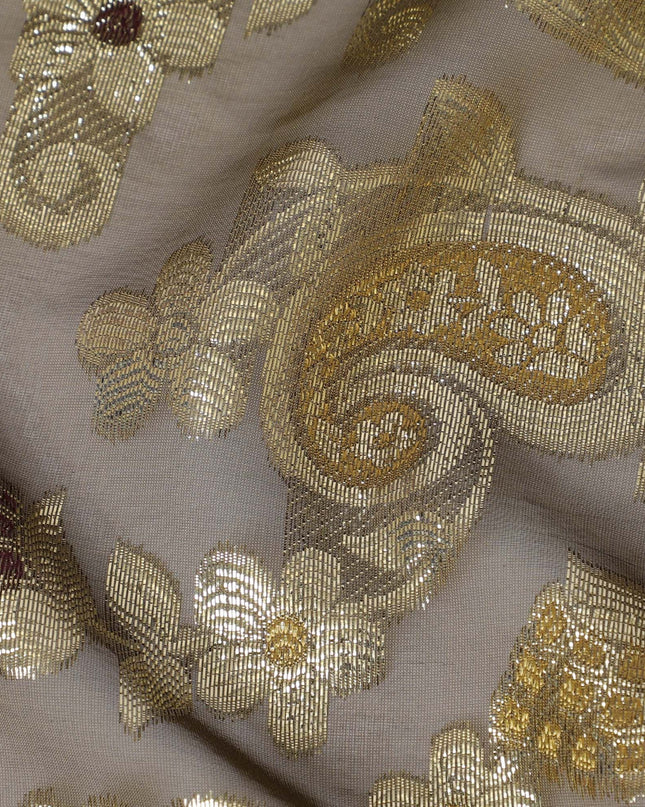 قماش من الشيفون الحريري الفرنسي (الفرنساوي) الفاخر باللون الأخضر الزيتوني مع الخردل والفيسكوز المارون مع اللوريكس المعدني الذهبي بتصميم الأزهار -D16962