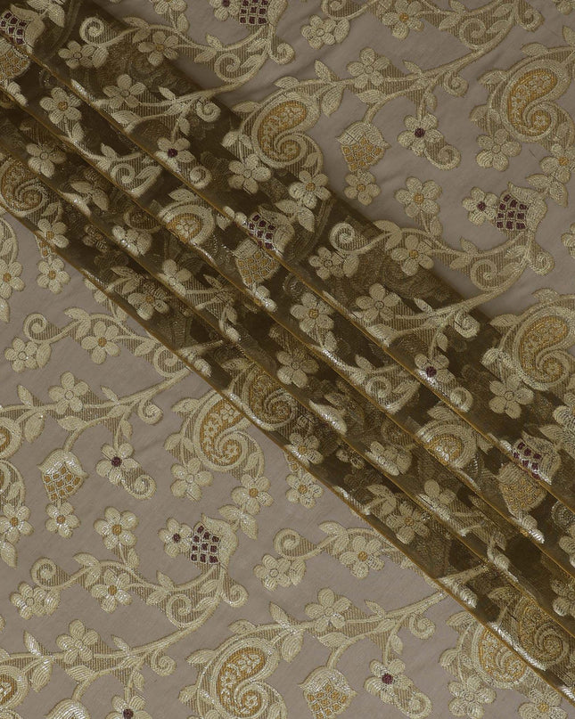 قماش من الشيفون الحريري الفرنسي (الفرنساوي) الفاخر باللون الأخضر الزيتوني مع الخردل والفيسكوز المارون مع اللوريكس المعدني الذهبي بتصميم الأزهار -D16962