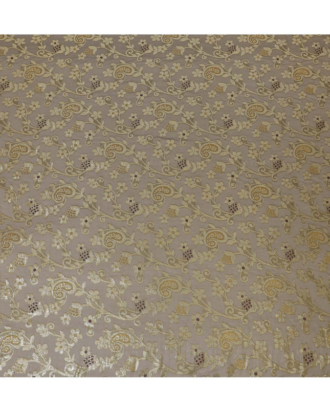 قماش من الشيفون الحريري الفرنسي (الفرنساوي) الفاخر باللون الأخضر الزيتوني مع الخردل والفيسكوز المارون مع اللوريكس المعدني الذهبي بتصميم الأزهار -D16962
