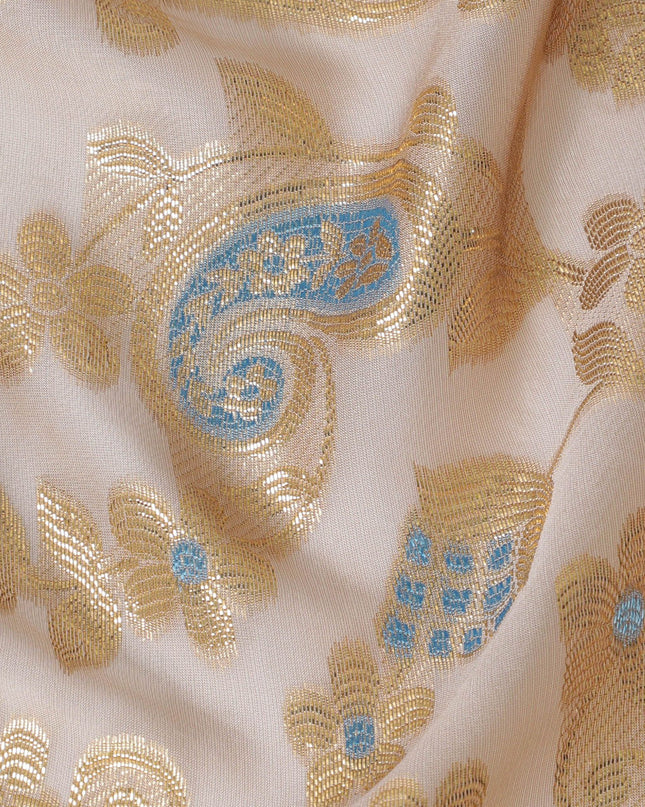 Peach Premium pure French (Fransawi) silk chiffon fabric with baby blue viscose and gold metallic lurex in paisley design-D16964