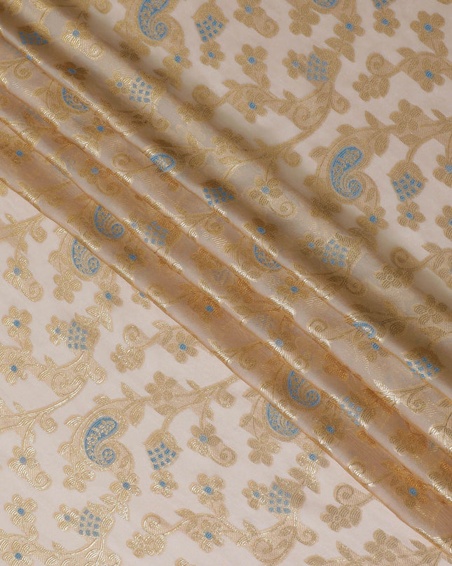 Peach Premium pure French (Fransawi) silk chiffon fabric with baby blue viscose and gold metallic lurex in paisley design-D16964