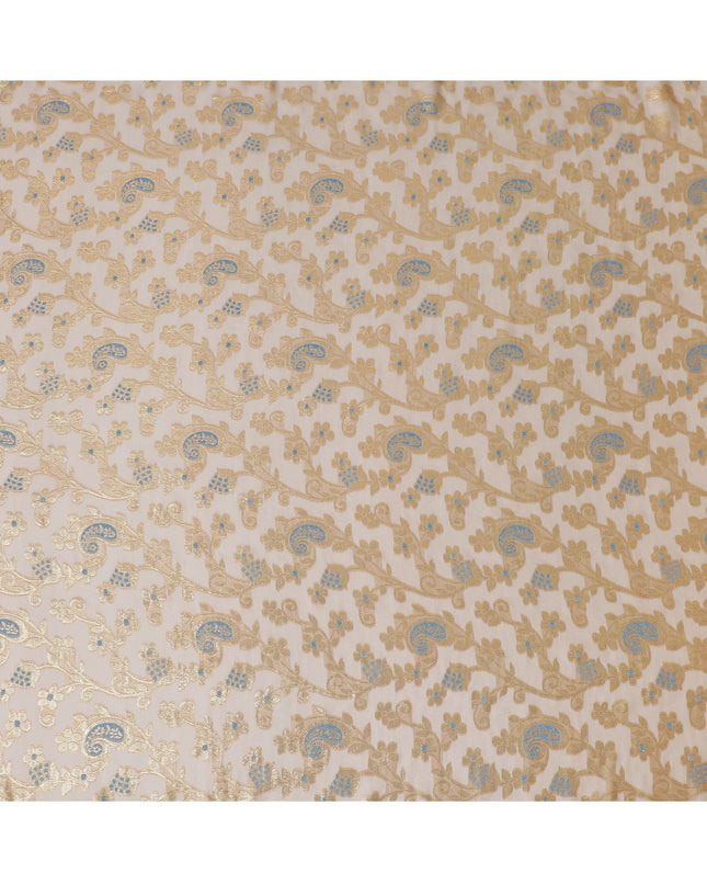 Peach Premium pure French (Fransawi) silk chiffon fabric with baby blue viscose and gold metallic lurex in paisley design-D16964