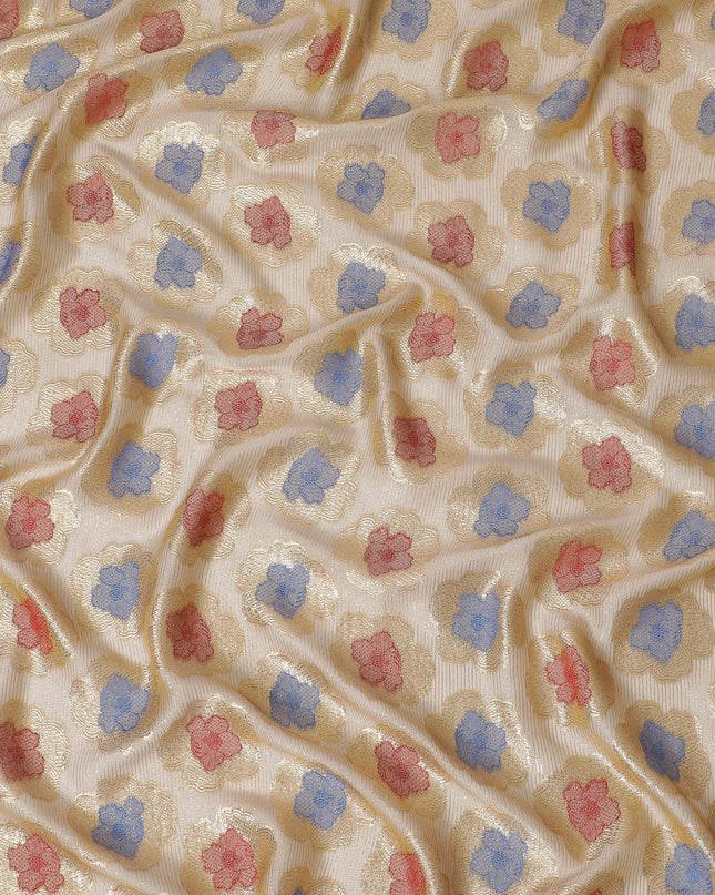 Light gold Premium pure French (Fransawi) silk chiffon fabric with blue, red viscose and gold metallic lurex in floral design-D16966