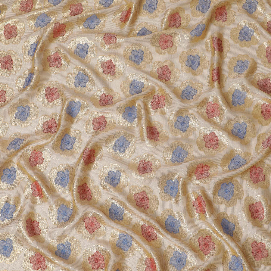 Light gold Premium pure French (Fransawi) silk chiffon fabric with blue, red viscose and gold metallic lurex in floral design-D16966