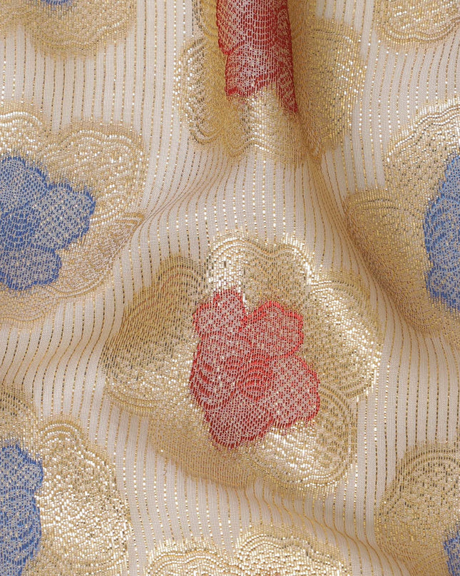Light gold Premium pure French (Fransawi) silk chiffon fabric with blue, red viscose and gold metallic lurex in floral design-D16966