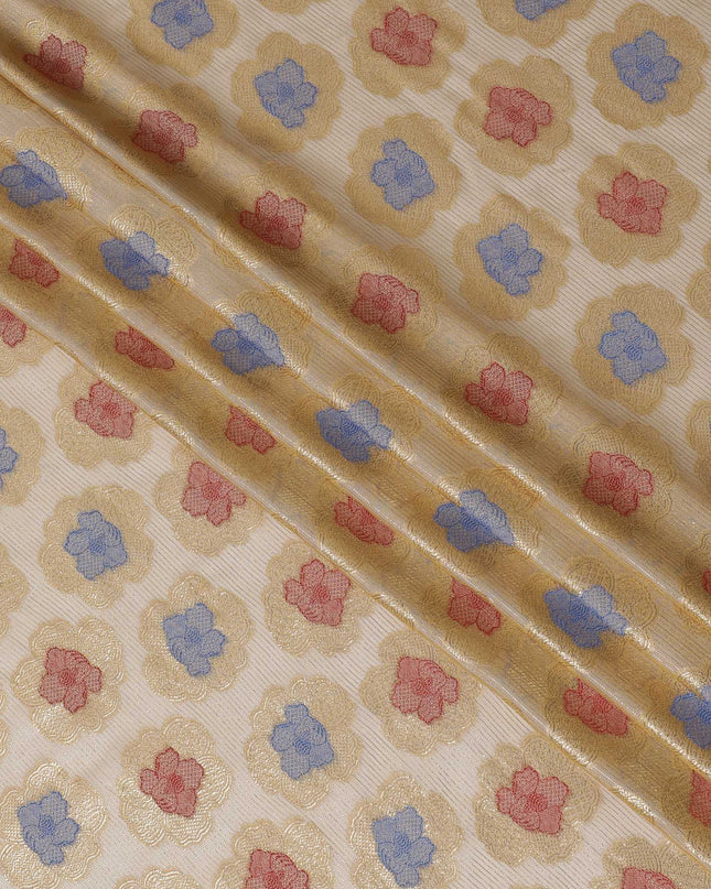 Light gold Premium pure French (Fransawi) silk chiffon fabric with blue, red viscose and gold metallic lurex in floral design-D16966