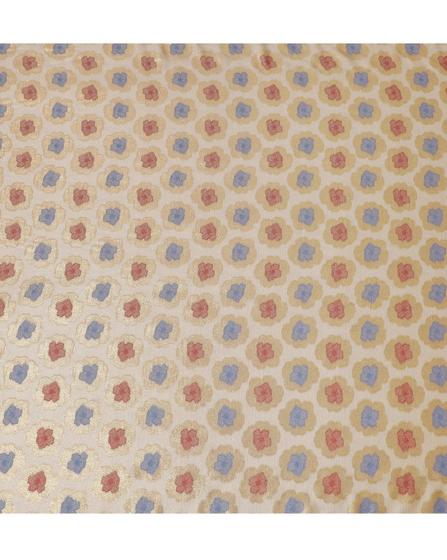 Light gold Premium pure French (Fransawi) silk chiffon fabric with blue, red viscose and gold metallic lurex in floral design-D16966