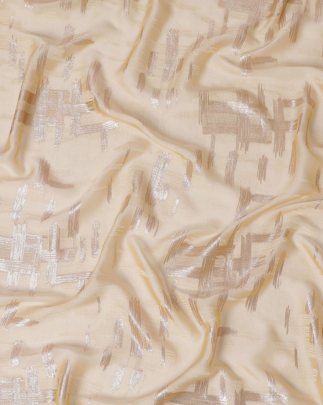 قماش شيفون حريري فرنسي (فرنساوي) فاخر بلون الخوخ مع نفس اللون من الفسكوز والوركس المعدني النحاسي بتصميم تجريدي -D16967