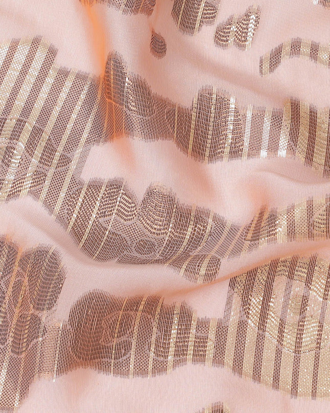 قماش شيفون حريري فرنسي (فرنساوي) فاخر باللون الوردي السلموني مع نفس اللون من اللوريكس المعدني بتصميم تجريدي -D16970