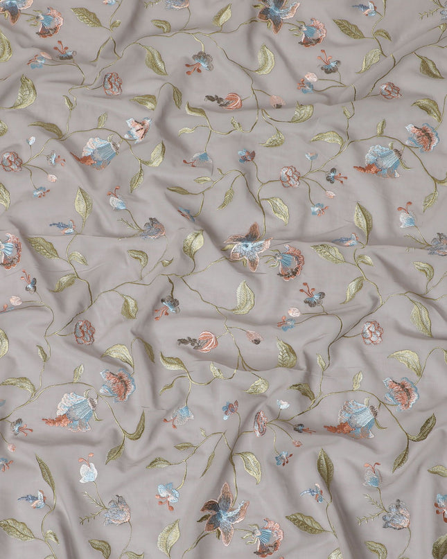 Grey Premium pure cotton voile fabric with multicolor embroidery in floral design-D16972