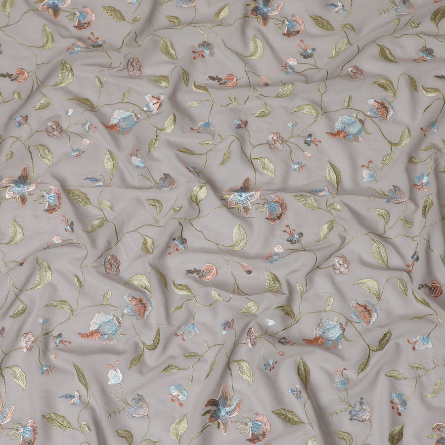 Grey Premium pure cotton voile fabric with multicolor embroidery in floral design-D16972
