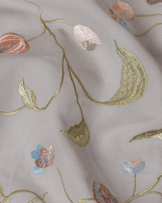 Grey Premium pure cotton voile fabric with multicolor embroidery in floral design-D16972