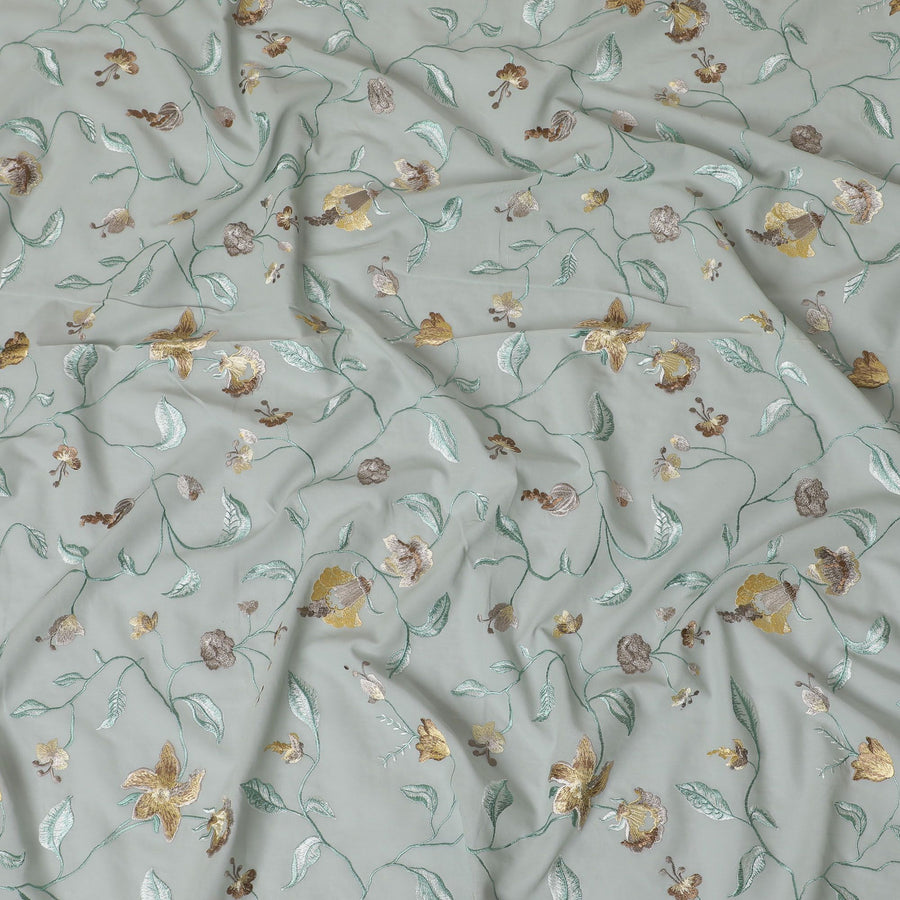 Laurel green Premium pure cotton voile fabric with multicolor embroidery in floral design-D16974