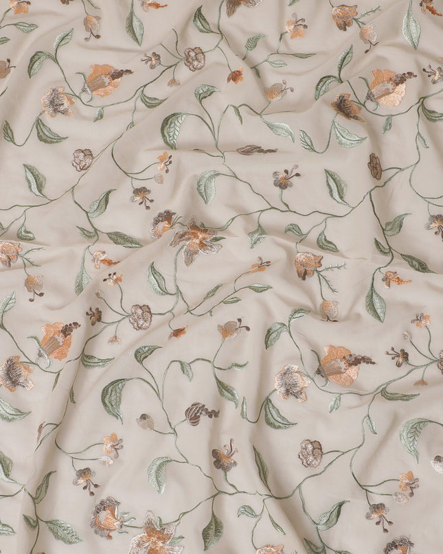 Beige Premium pure cotton voile fabric with multicolor embroidery in floral design-D16975