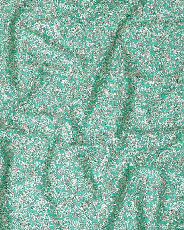 Cool green Premium pure cotton voile fabric with beige embroidery in floral design-D16976