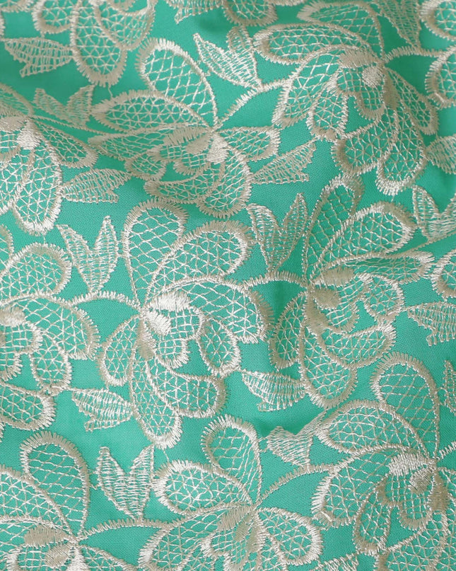 Cool green Premium pure cotton voile fabric with beige embroidery in floral design-D16976