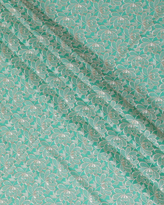 Cool green Premium pure cotton voile fabric with beige embroidery in floral design-D16976