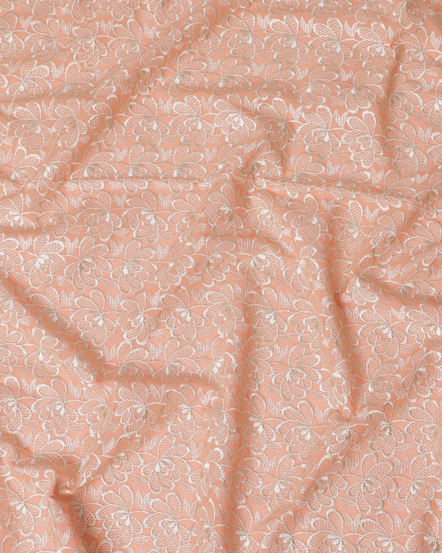 Peach Premium pure cotton voile fabric with beige embroidery in floral design-D16977