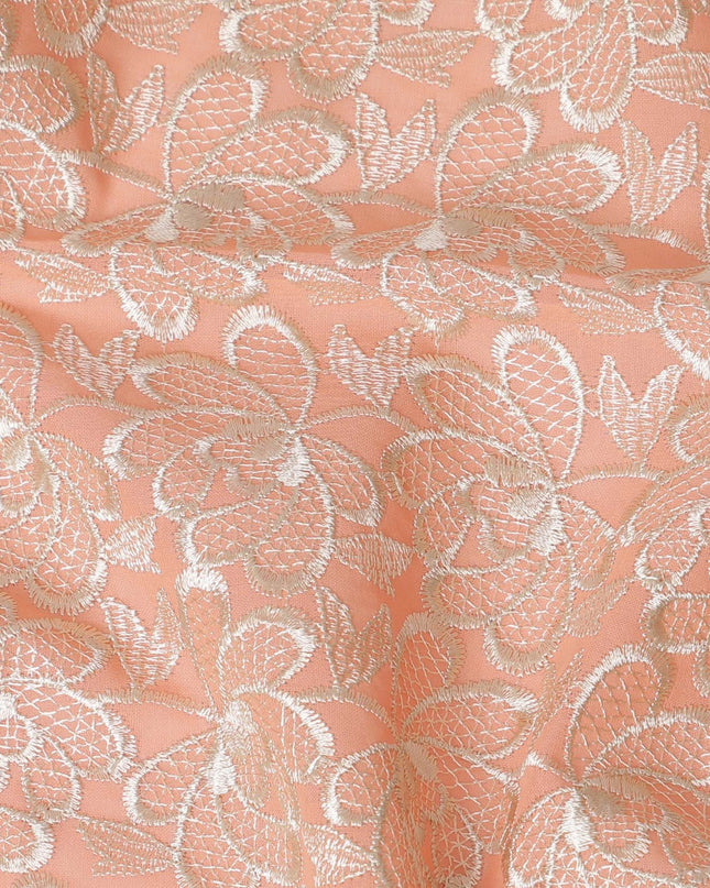 Peach Premium pure cotton voile fabric with beige embroidery in floral design-D16977