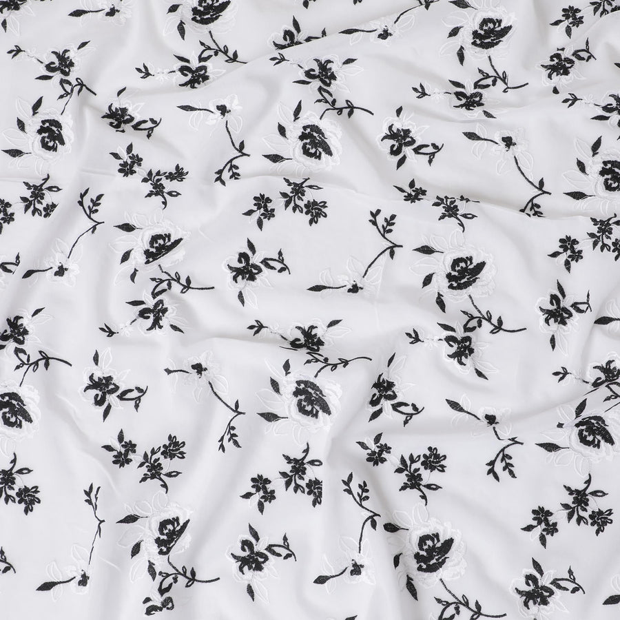 White Premium pure cotton voile fabric with same tone and black embroidery in floral design-D16978