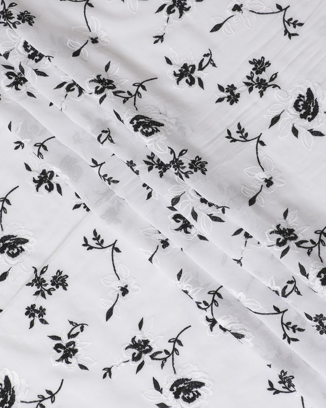 قماش فوال من القطن الخالص باللون الأبيض بنفس اللون والتطريز الأسود بتصميم الأزهار-D16978