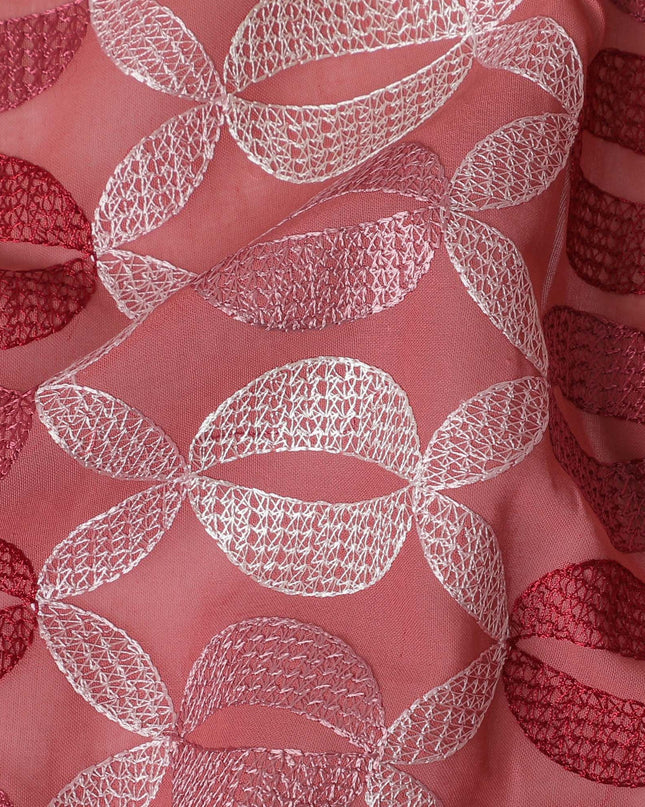 Brick red Premium pure cotton voile fabric with same tone and beige embroidery in geometric design-D16981