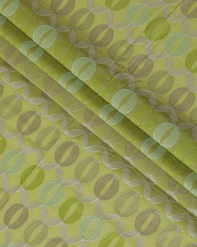 Light olive Premium pure cotton voile fabric with same tone and beige embroidery in geometric design-D16982