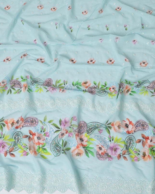 Baby blue Premium pure Swiss cotton voile fabric with multicolor print having powder blue embroidery in floral design-D16983