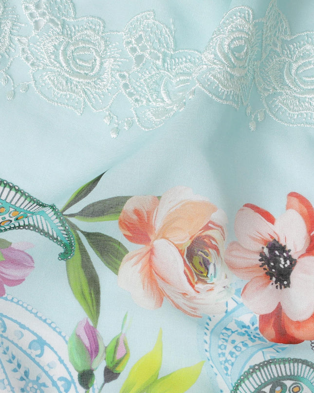 Baby blue Premium pure Swiss cotton voile fabric with multicolor print having powder blue embroidery in floral design-D16983