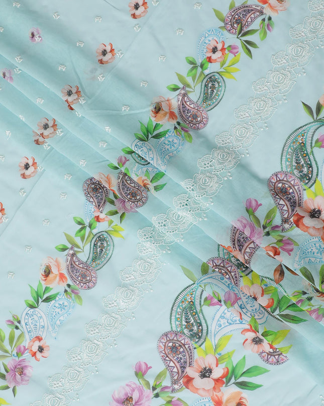 Baby blue Premium pure Swiss cotton voile fabric with multicolor print having powder blue embroidery in floral design-D16983