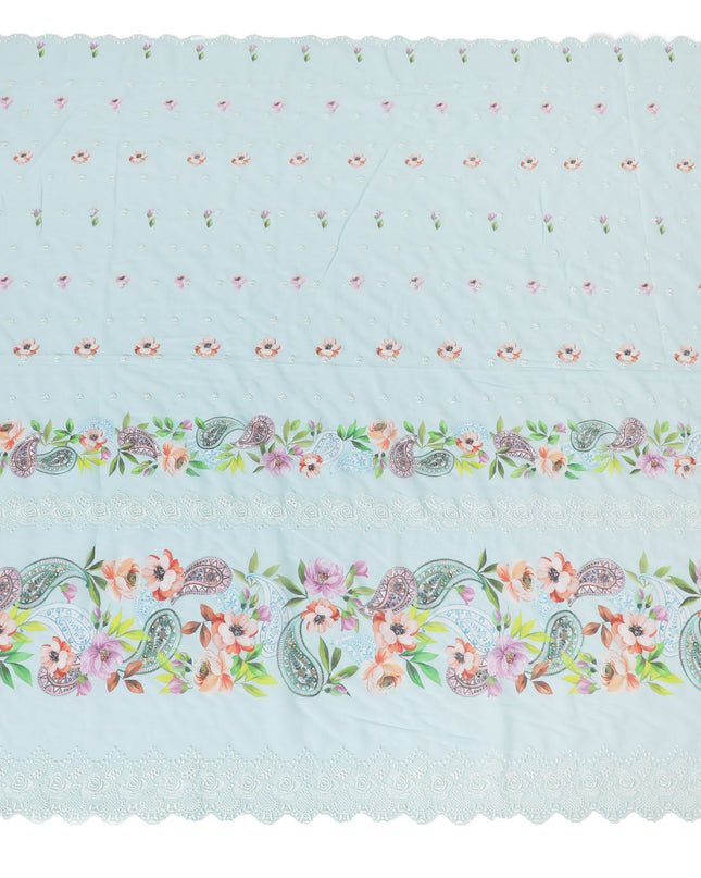 Baby blue Premium pure Swiss cotton voile fabric with multicolor print having powder blue embroidery in floral design-D16983