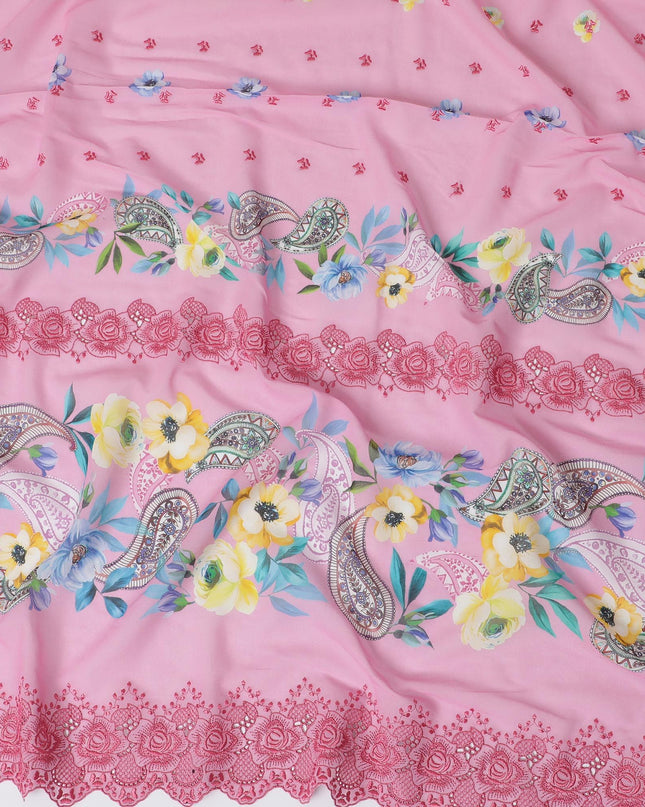 Baby pink Premium pure Swiss cotton voile fabric with multicolor print having brick pink embroidery in floral design-D16984